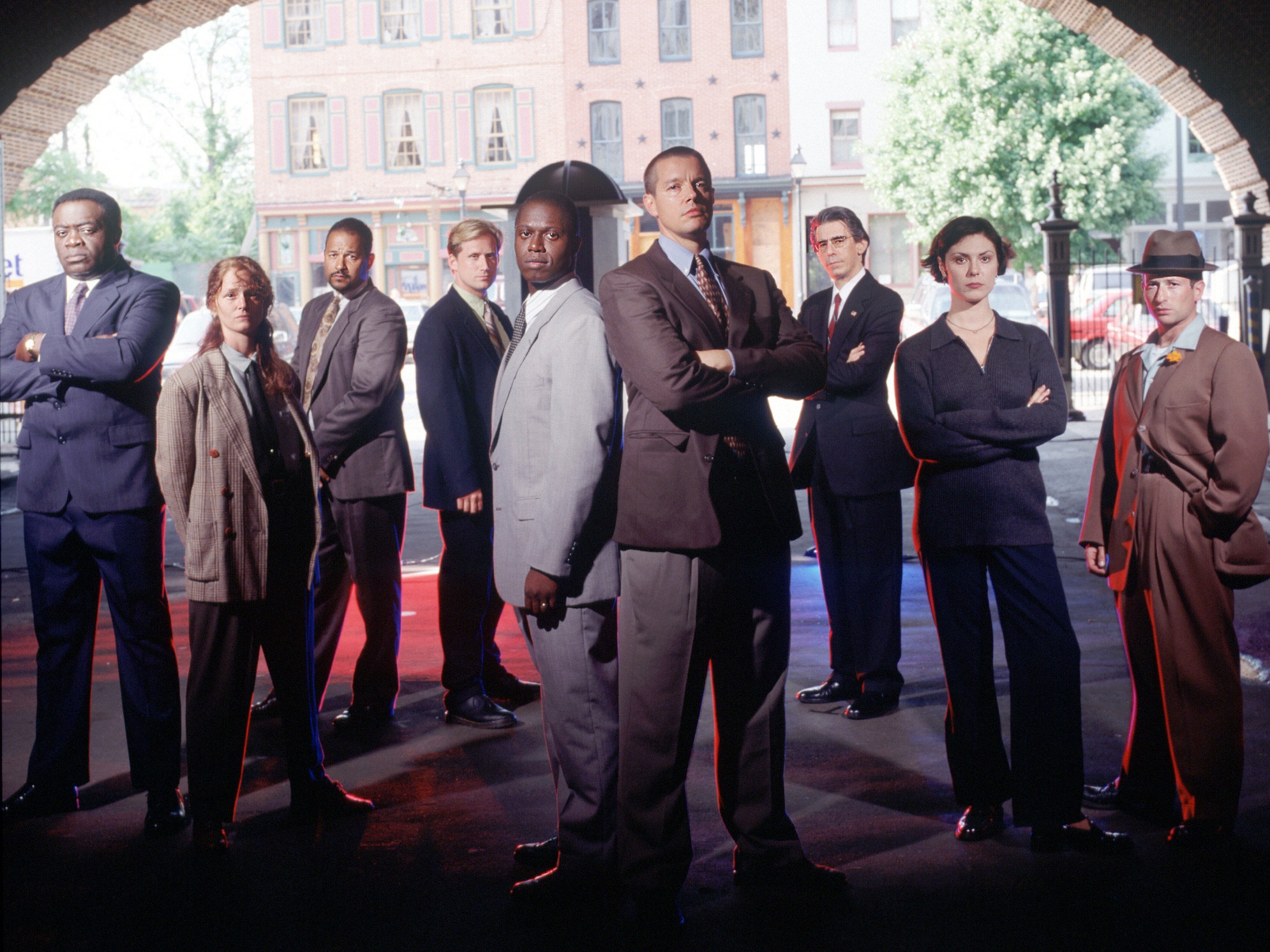 caption: The cast of <em>Homicide: Life on the Street</em>, led by Andre Braugher and Kyle Secor. 