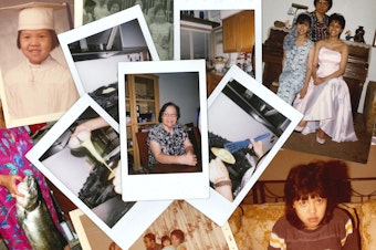 caption: A collage of photos from the lives of Erlinda Conde, Teresa Engrav and Charlotte Engrav, three generations of a Filipino American family in Seattle.