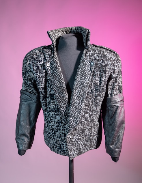 caption: Jacket Prince wore in the 1984 film "Purple Rain," donated to MoPOP from the estate of the late Paul Allen in July 2023. 
