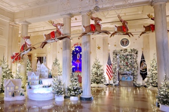 caption: Santa Claus in his sleigh and a team of reindeer fly through the columns of the Entrance Hall of the White House. The theme for this year's White House decorations is "Magic, Wonder and Joy."