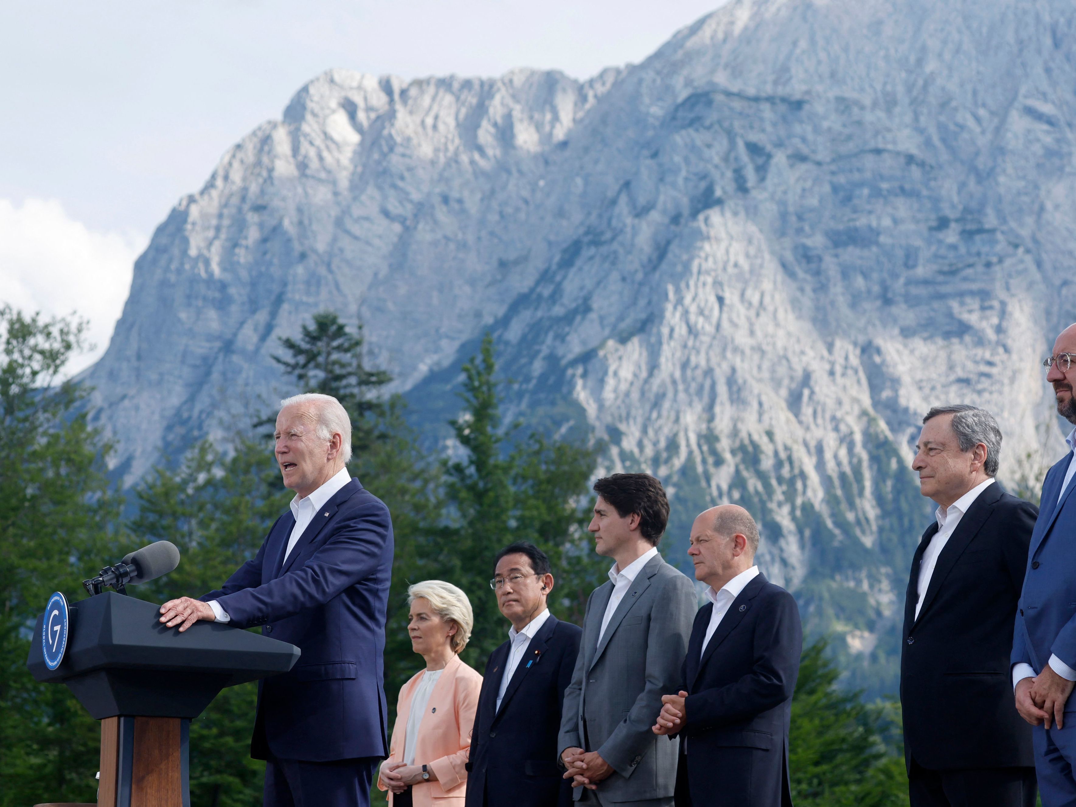 caption: President Biden appears with other G7 leaders on Sunday, as a summit at Elmau Castle in the German Alps gets underway. Biden announced a $200 billion U.S. investment as part of a global infrastructure project by major democracies to counter China's investments in developing countries.