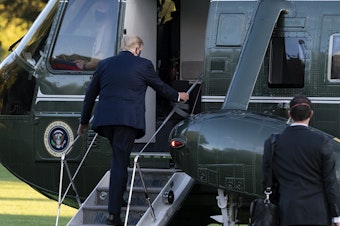 caption: President Trump boards Marine One for a trip from the White House to Walter Reed National Military Medical Center for COVID-19 treatment in early October. Trump received Regeneron's antibody cocktail during his illness.
