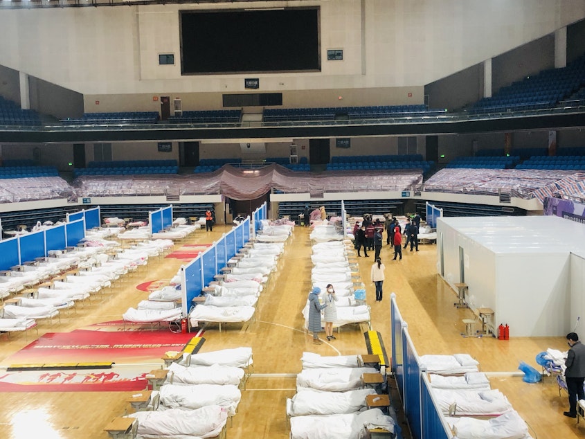 caption: An interior view of the Hongshan Gymnasium, a venue converted into a makeshift hospital to receive patients infected with the novel coronavirus (2019-nCoV) in Wuhan, China, on Wednesday.