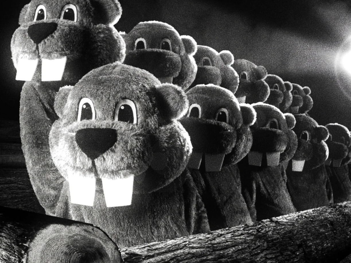 caption: The beavers in the ultra-low-budget comedy <em>Hundreds of Beavers </em>are all played by humans in mascot costumes and it is very, very silly.