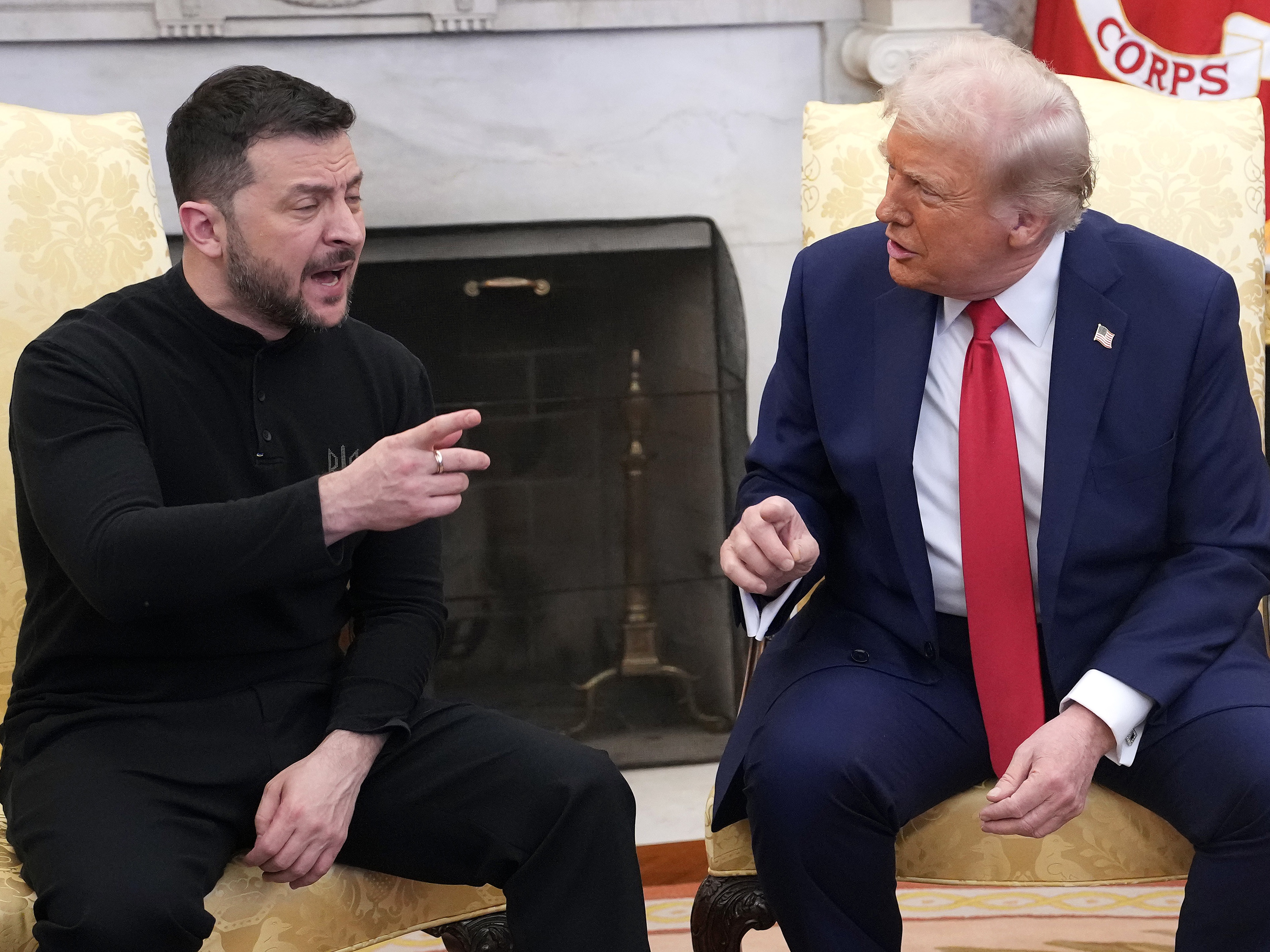 caption: President Trump and Ukrainian President Volodymyr Zelenskyy during their Oval Office last Friday.  Zelenskyy left the contentious meeting without a deal.