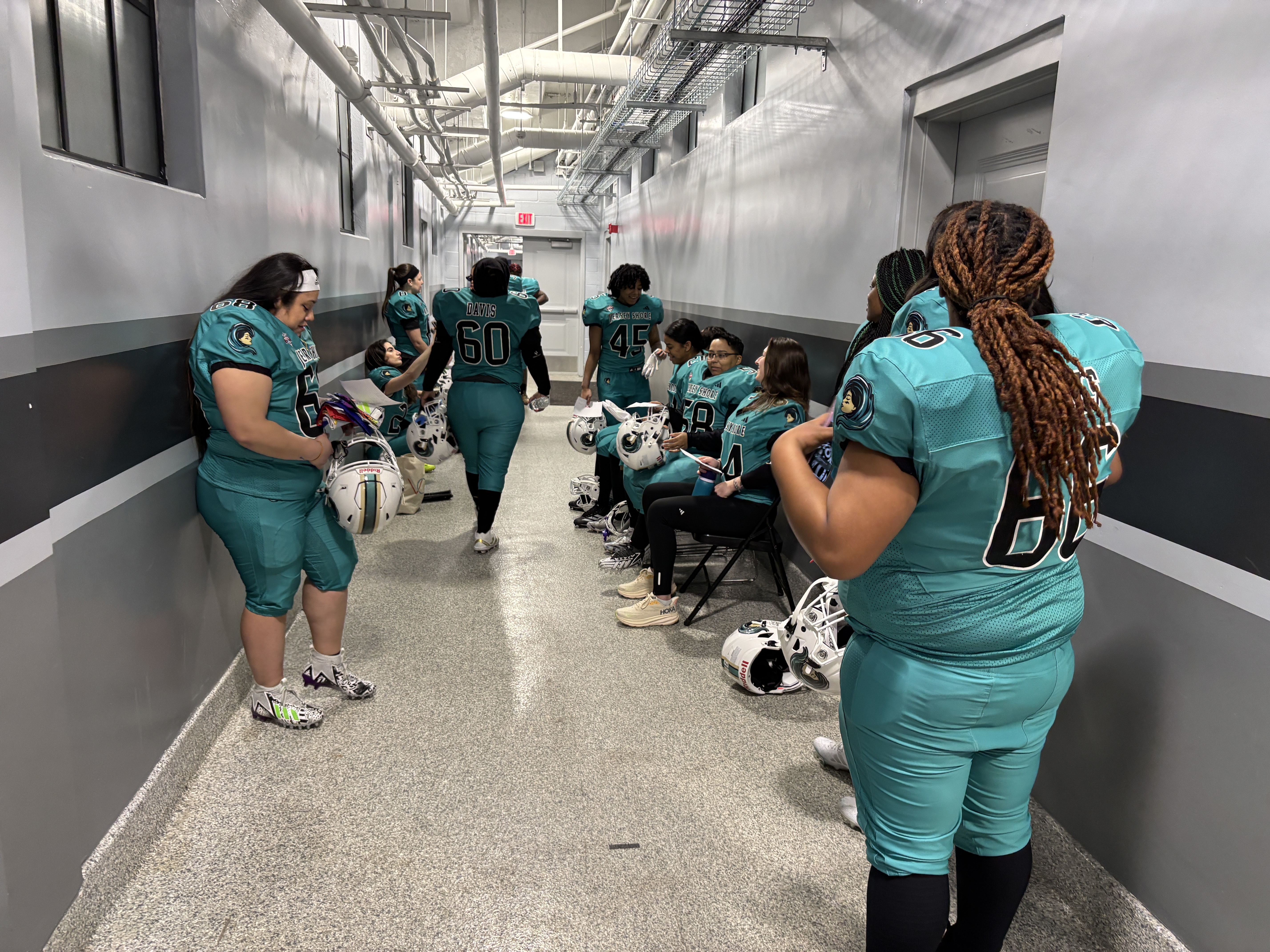 caption: Players for the Jersey Shore Wave inside Hinchliffe Stadium in Paterson, New Jersey where the team will play its home games this season.