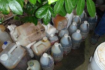 caption: Containers were found inside and outside the house.