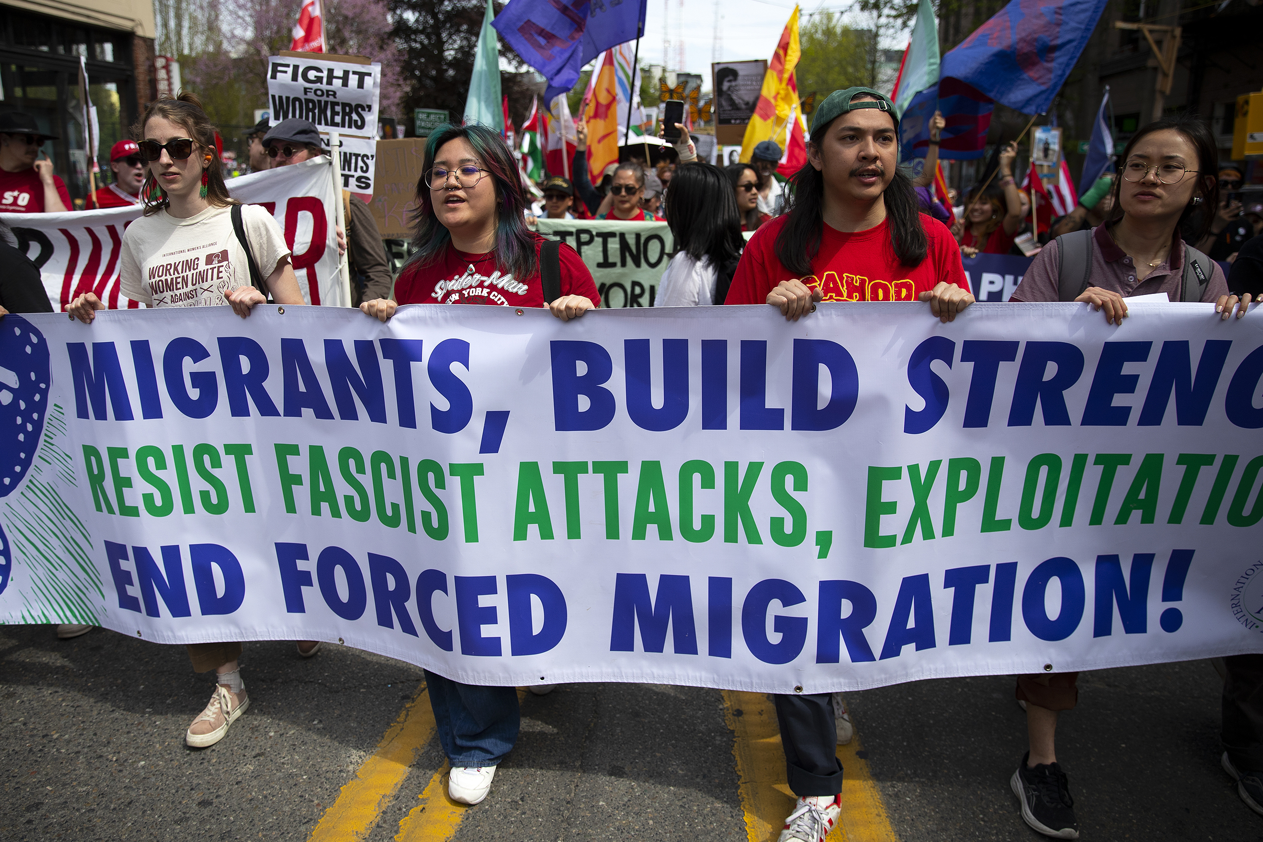 caption: Demonstrators march from Cal Anderson Park to South Lake Union following a May Day rally on Friday, May 1, 2026, in Seattle’s Capitol Hill neighborhood. 