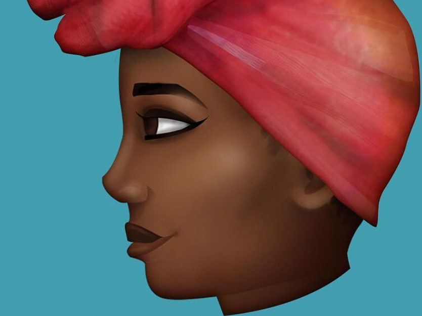 caption: Stickers designed by Grebet depict a local musician (left), and a woman wearing a traditional head scarf.