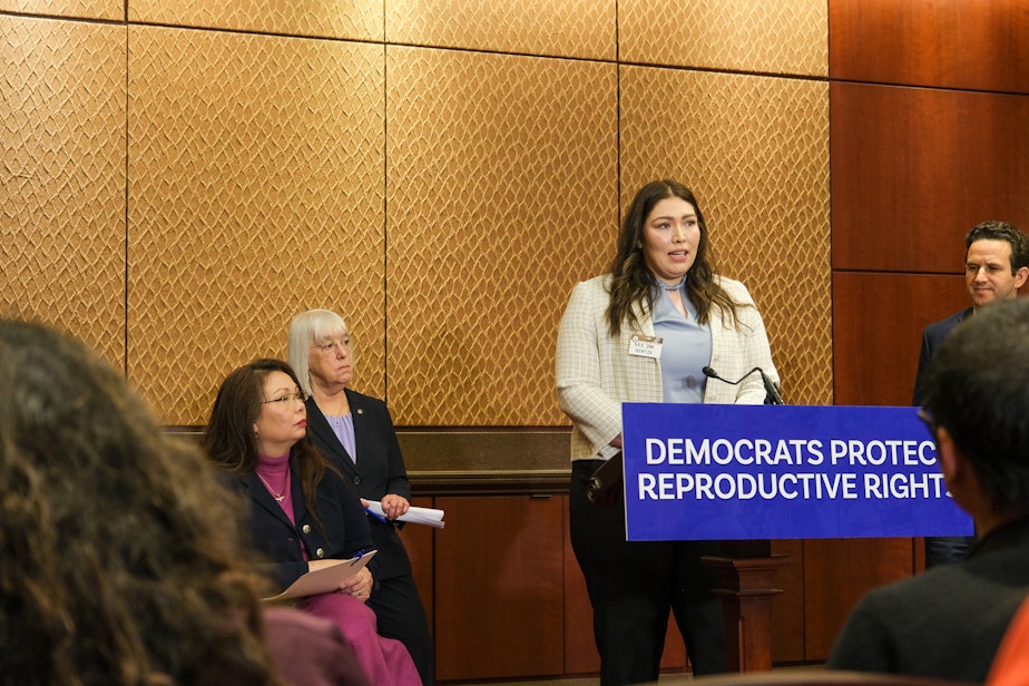caption: Kayla Smith speaks at a press conference March 7, 2024, about her experience traveling from Idaho to Washington to get an abortion she needed. Idaho banned abortions once the U.S. Supreme Court overturned Roe v Wade.