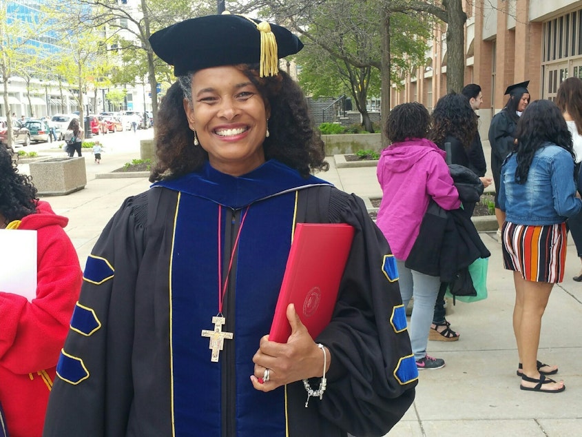 caption: Dr. Marijuana Pepsi Vandyck graduated from Wisconsi's Cardinal Stritch University last week with a doctorate in Leadership for the Advancement of Learning and Service.