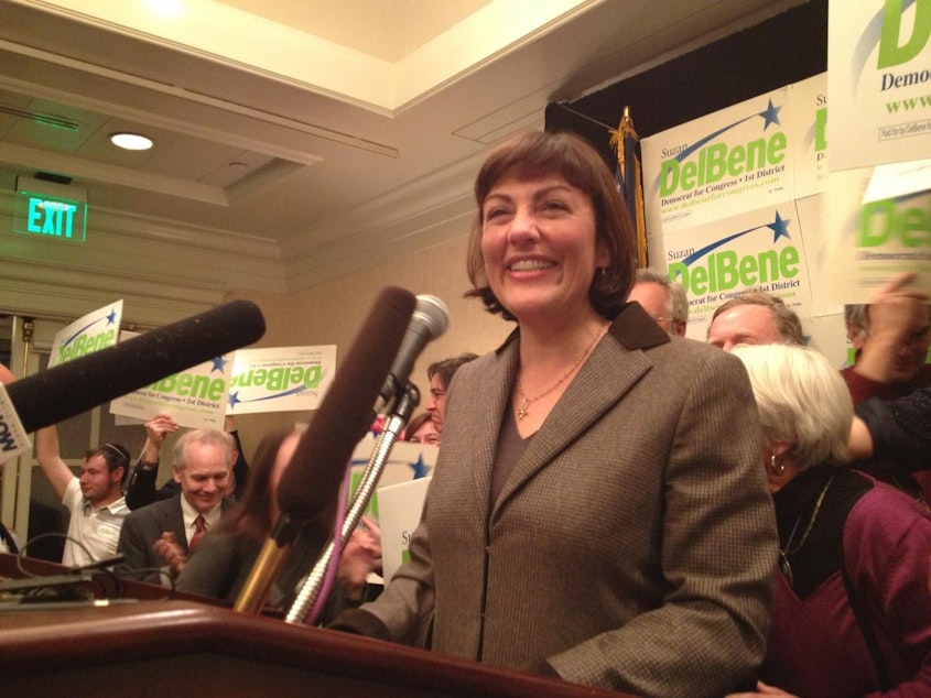 caption: Suzan DelBene talking to supporters at the Woodmark Hotel in Kirkland.