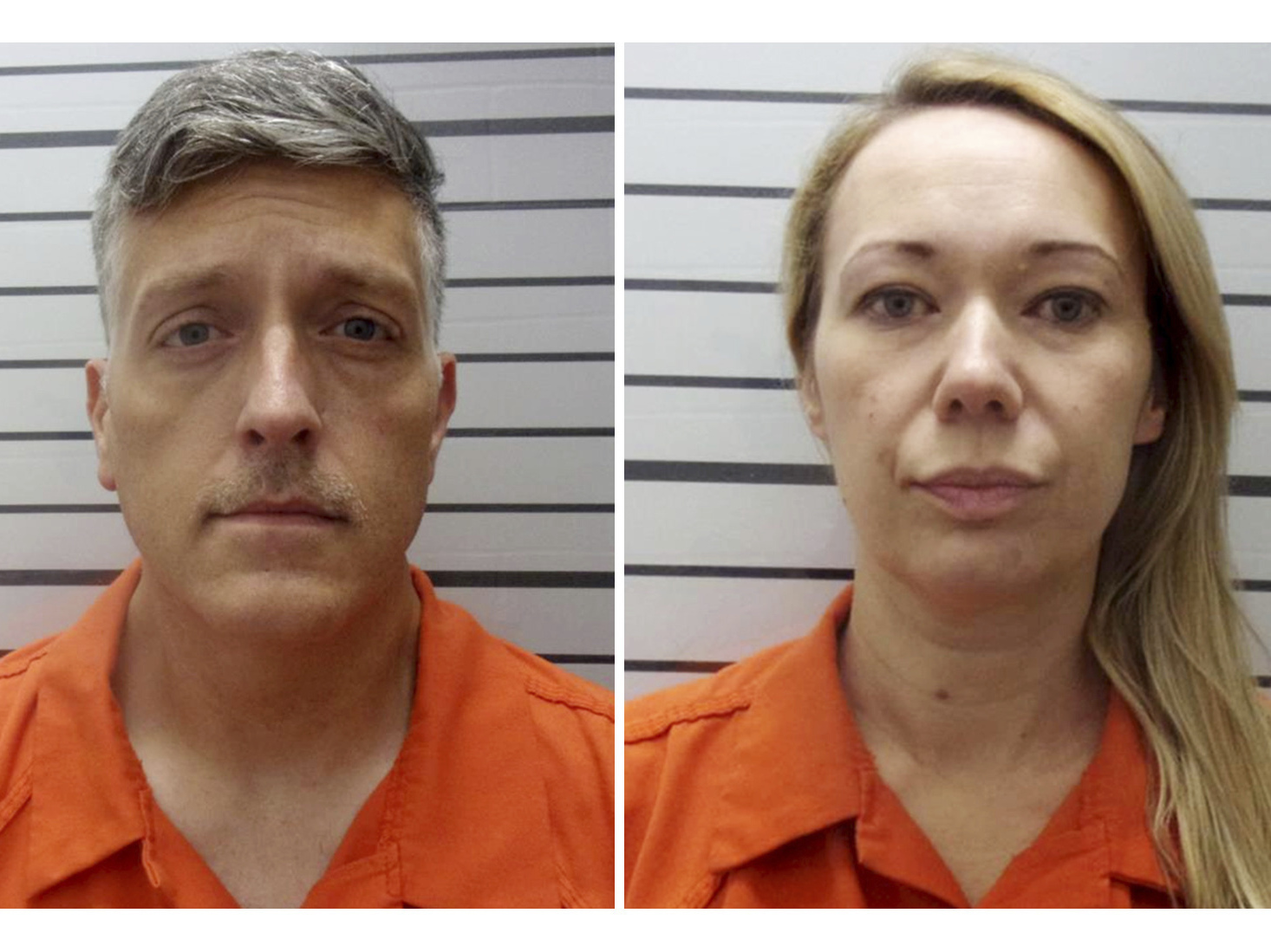 caption: Booking photos provided by the Muskogee County, Okla., Sheriff's Office shows Jon Hallford and Carie Hallford, owners of Return to Nature Funeral Home, a Colorado funeral home where 190 decaying bodies were found.
