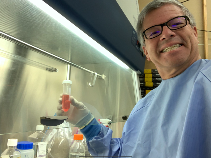 caption: Johnny T. Stine, a Seattle-based microbiologist, in his lab at an undisclosed location. 