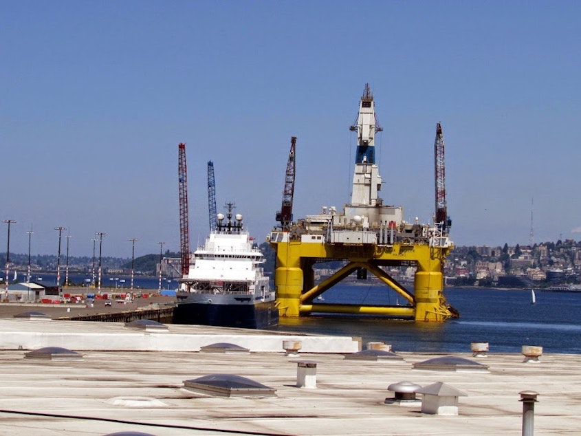 caption: The Polar Pioneer oil rig in Terminal 5 at the Port of Seattle.