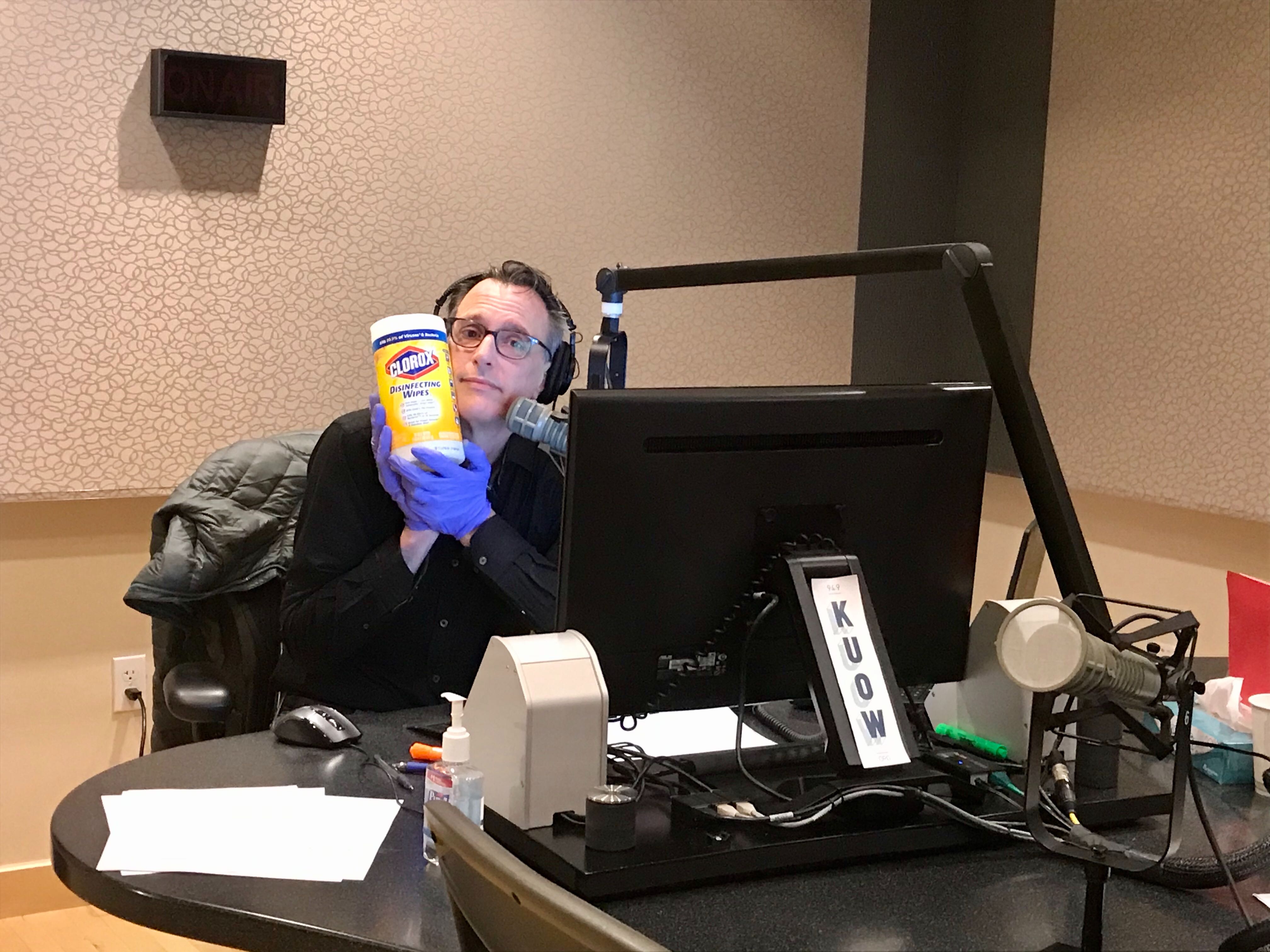 caption: Bill Radke, in studio with only his beloved cleaning products.