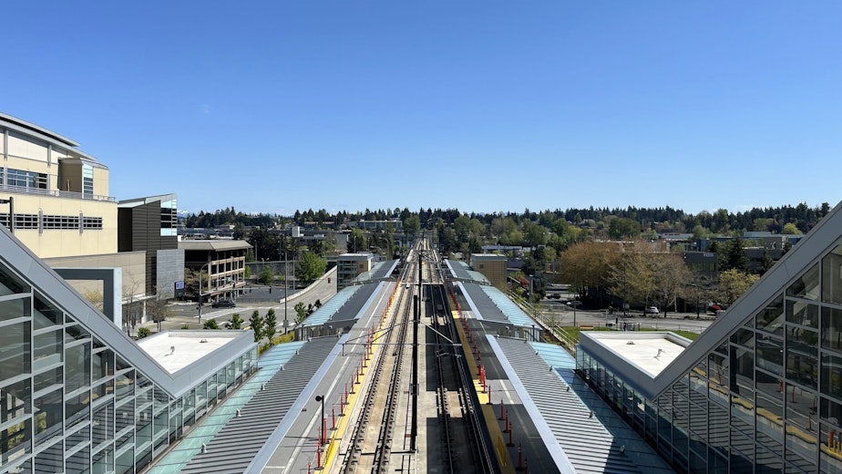 caption: Tracks visible from the Bellevue Downtown light rail station on April 19, 2024, about a week before opening day.