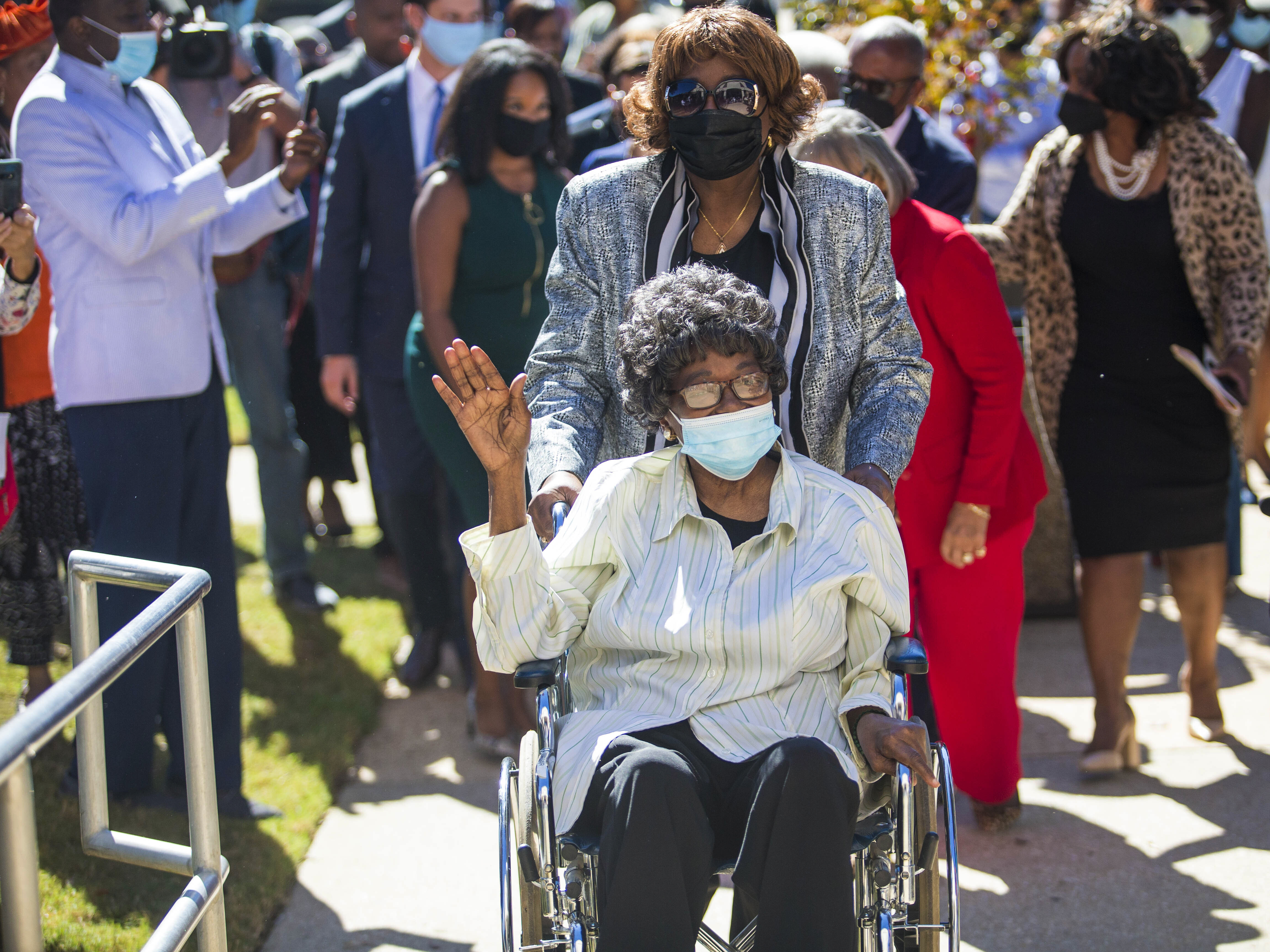 caption: Claudette Colvin arrives outside juvenile court to file paperwork to have her juvenile record expunged, Tuesday, Oct. 26, 2021, in Montgomery, Ala. A judge on Thursday, Dec. 16, has approved a request to wipe clean the court record of Colvin, who was arrested for refusing to move to the back of a segregated Alabama bus in 1955.