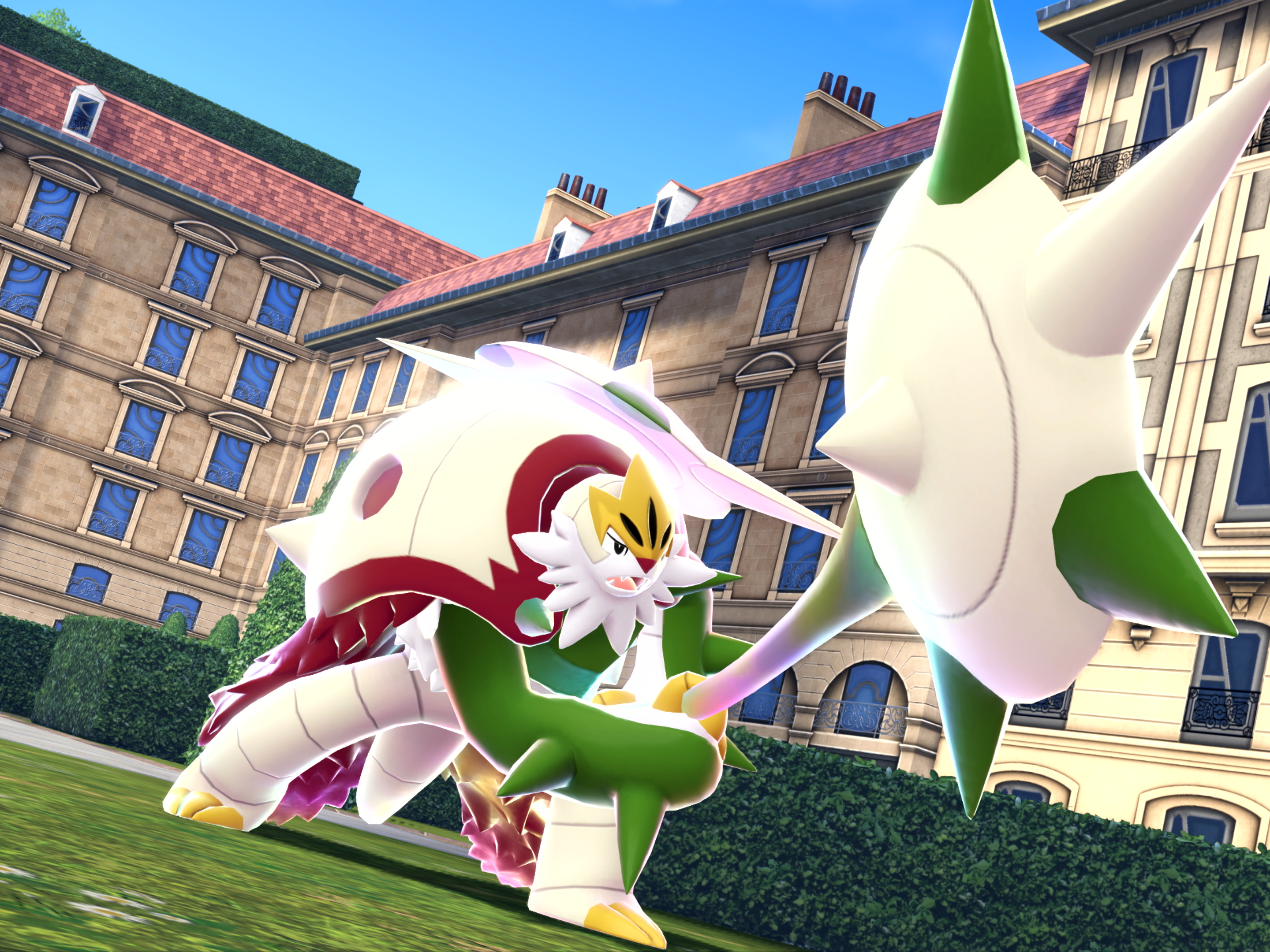 caption: The new Mega Evolution for Chesnaught and the pristine surroundings of Lumiose City, a setting based on Paris, France.