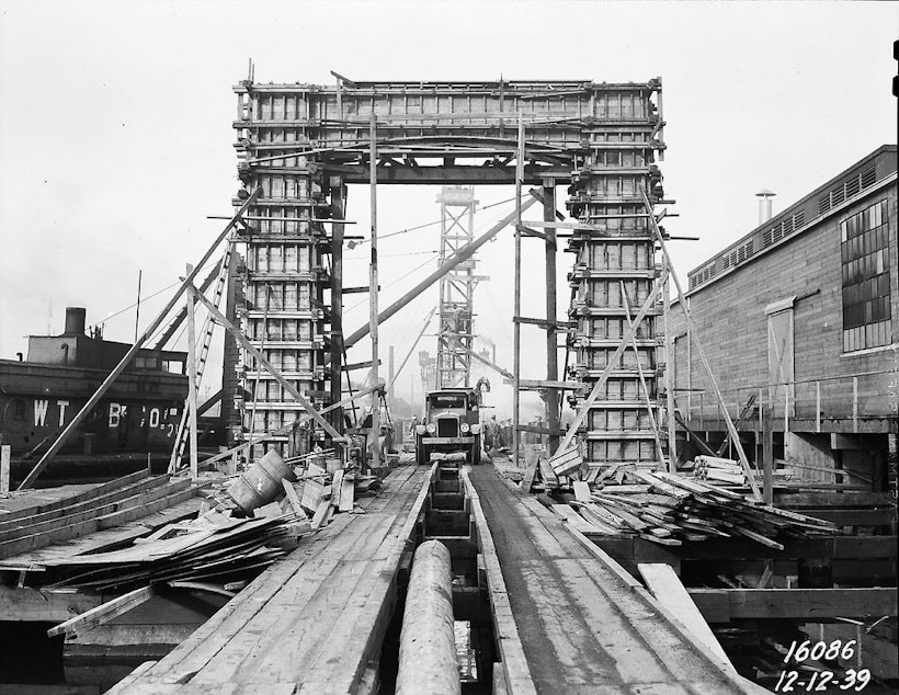caption: Ballard Bridge south approach under construction, 1939