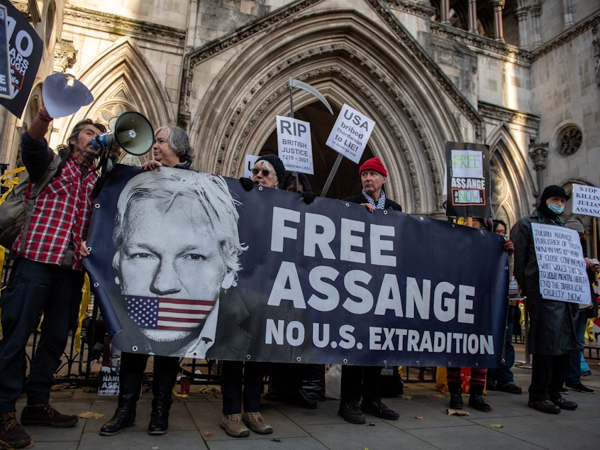 caption: Supporters of Julian Assange outside the Royal Courts of Justice on December 10, 2021 in London, England. Nearly two months later, London's High Court ruled that Assange can seek appeal against his extradition to the U.S.