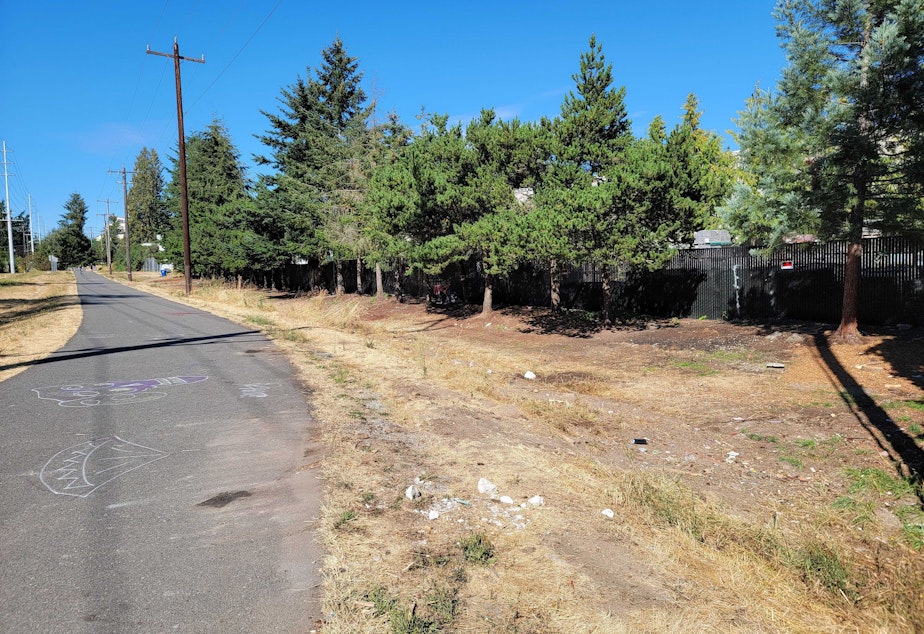 caption: Bits of debris remain where dozens of tents were once set up along the Interurban Trail near North 125th Street.