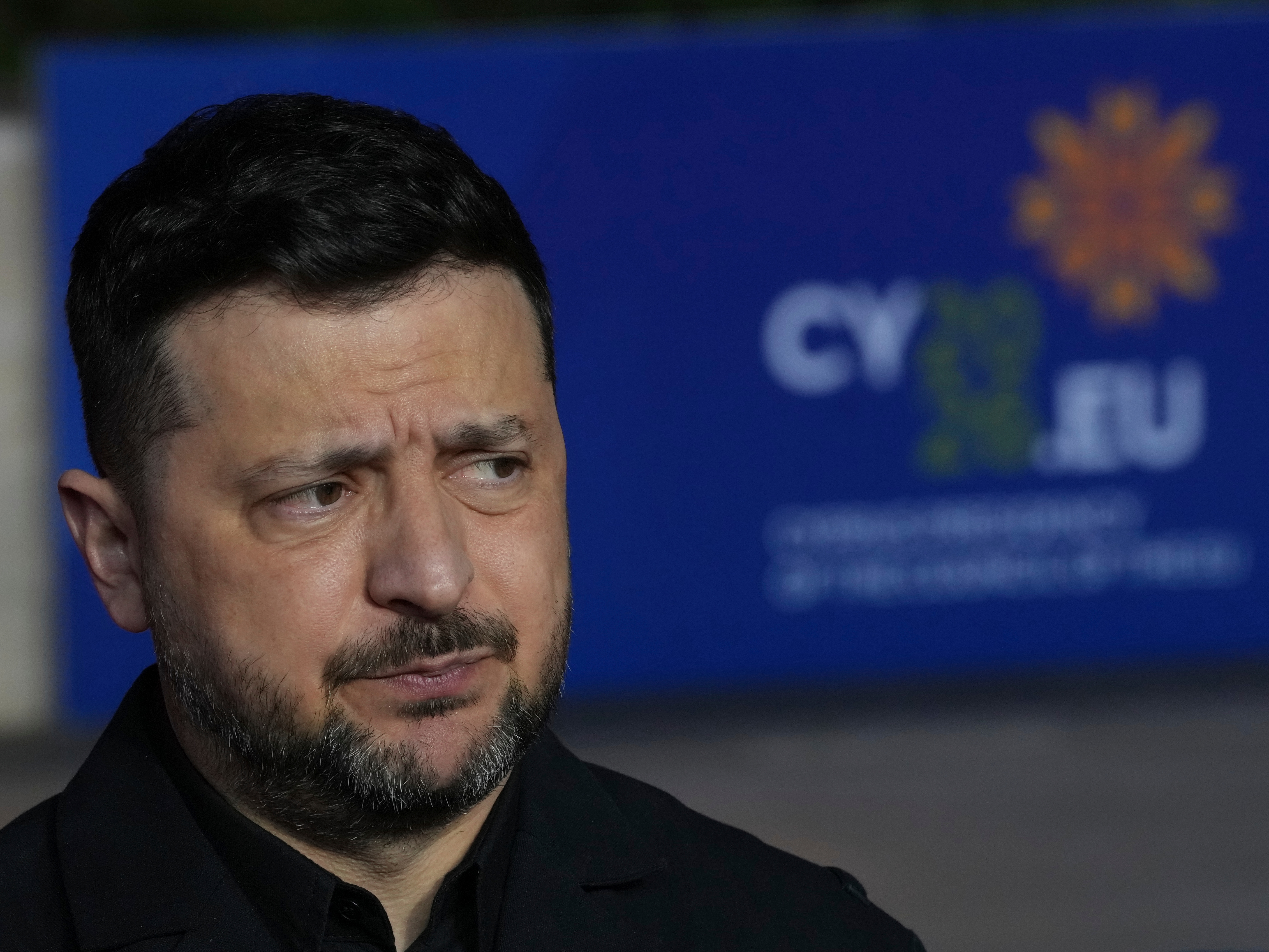 caption: Ukraine's President Volodymyr Zelenskyy makes statements as he arrives for the EU Summit in Ayia Napa, Cyprus, Thursday, April 23, 2026.