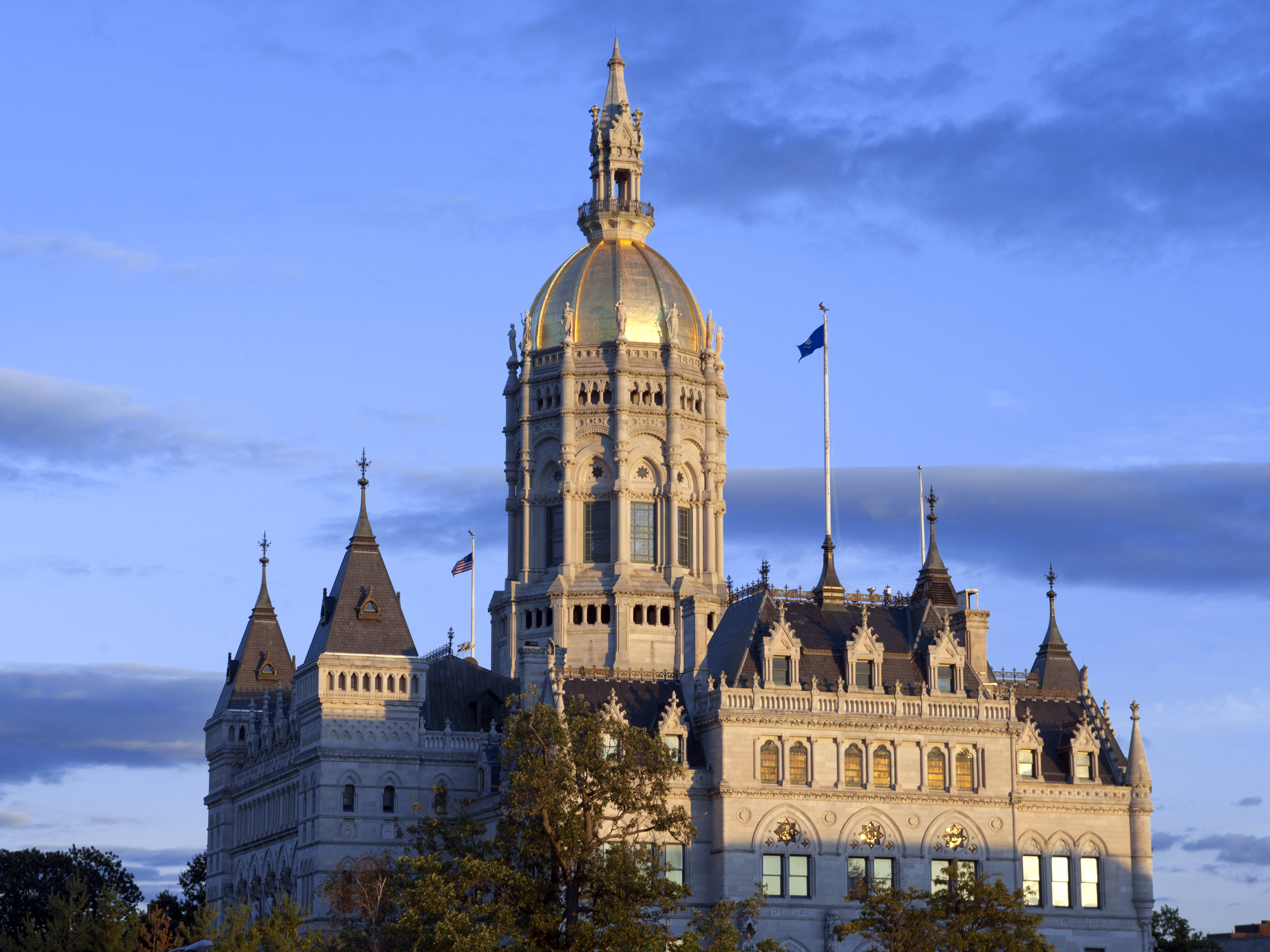 caption: Hartford is home to the Connecticut State Capitol and state legislature — as well as to major U.S. insurance firms. In 2019, those insurers spent what it took to defeat Connecticut's version of a "public option" in health care, despite strong support among the state's lawmakers.