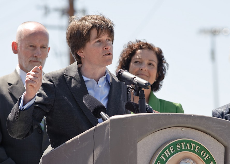 caption: Seattle City Councilmember Sally Clark speaks at a viaduct event on June 3, 2011.