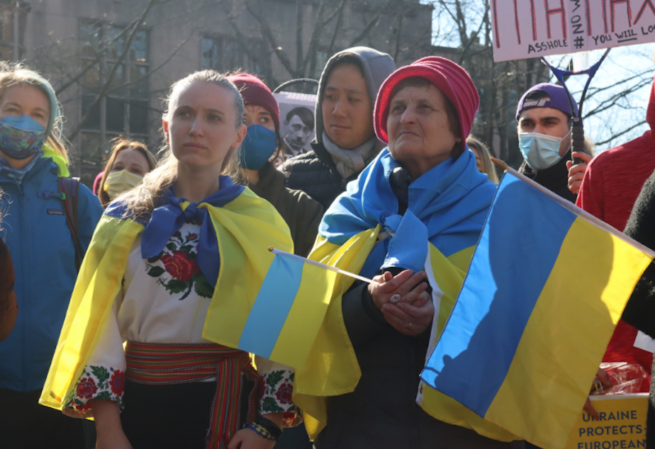 caption: A demonstration at the University of Washington in support of Ukraine while Russia invaded the country, February 24, 2022. 

