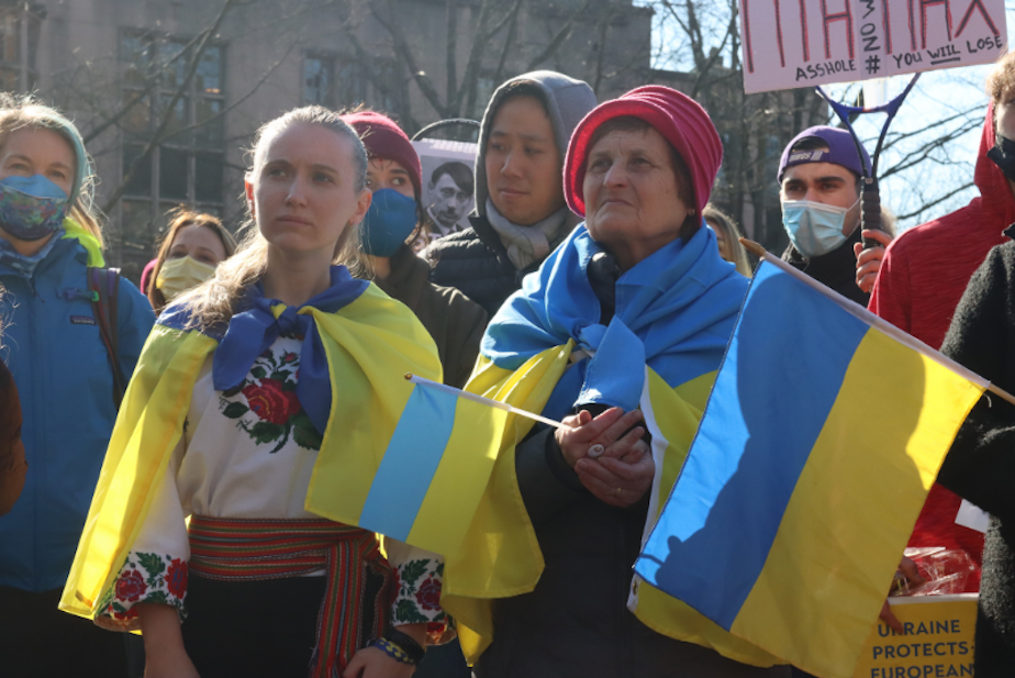 caption: A demonstration at the University of Washington in support of Ukraine while Russia invaded the country, February 24, 2022. 
