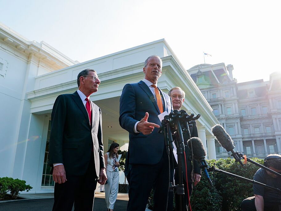 caption: Republican Senate leaders met with President Donald Trump to discuss Trump's "One, Big, Beautiful Bill" on June 4. Majority Leader Sen. John Thune, R-S.D. (center), speaks alongside Sen. John Barrasso, R-Wyo., (left) and Sen. Mike Crapo, R-Idaho, outside of the West Wing of the White House.