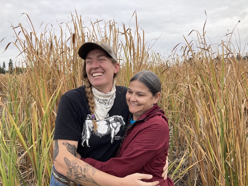 caption: Beth Robinette, left, owner of the Lazy R Ranch, and LaRae Wiley, executive director of the Salish School of Spokane, have come together to bring students to the ranch to harvest plants and medicines. Beth says she’s “trying to be a less shitty white person.”