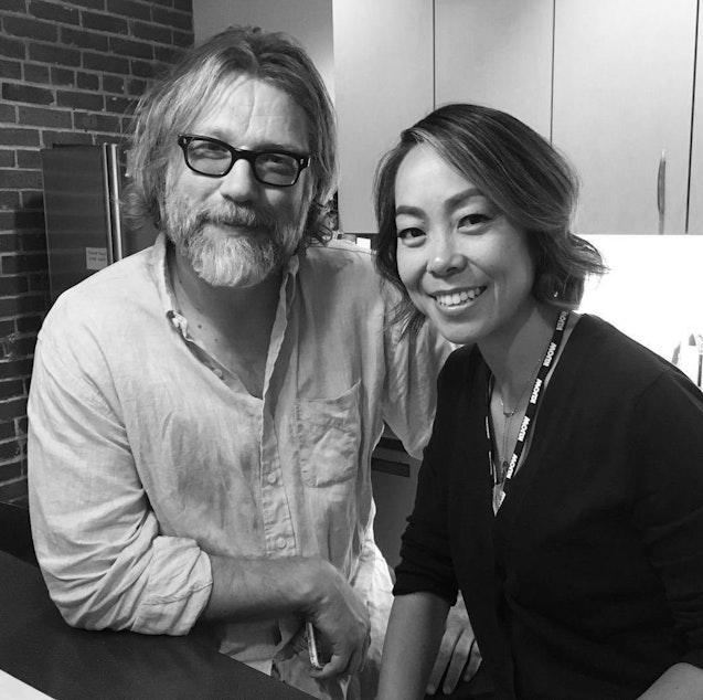 caption: John Roderick aka King Neptune and Angela Shen who is Queen Alcyone in the KUOW greenroom