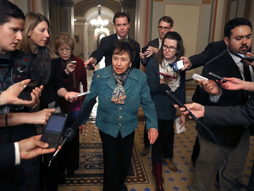 caption: Rep. Nita Lowey, D-N.Y., walks to a bipartisan negotiation meeting Monday over securing the U.S. Southern border and keeping the U.S. government from shutting down.