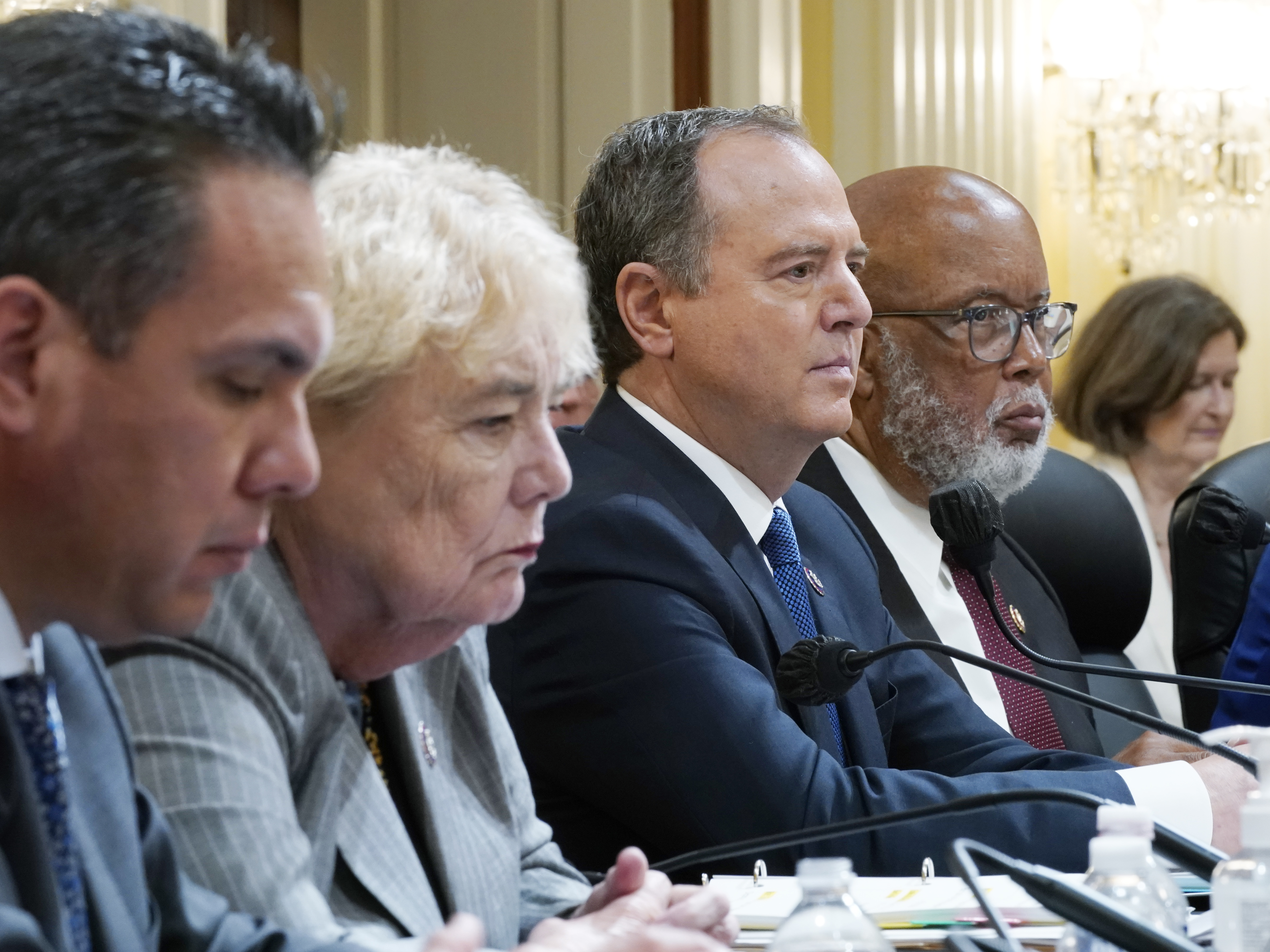 caption: Jan. 6 House committee members, from left, Democratic Reps. Pete Aguilar, Zoe Lofgren, Adam Schiff and Chairman Bennie Thompson, are on the ballot in November, as are Reps. Jamie Raskin and Elaine Luria.
