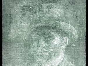 caption: An X-ray image shows this previously unknown self-portrait of Vincent Van Gogh painted on the reverse side of his painting <em>Head of a Peasant Woman.</em>