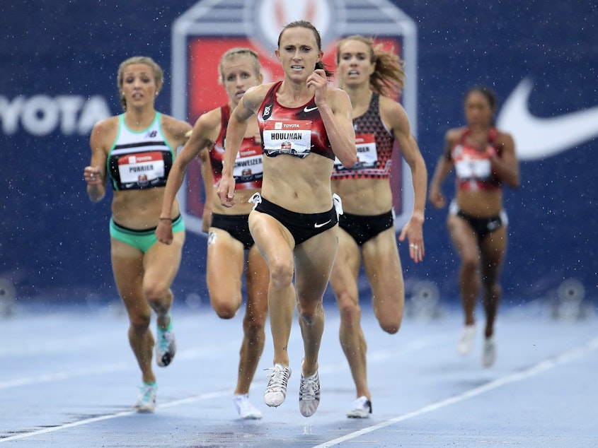 caption: "I feel completely devastated, lost, broken, angry, confused and betrayed," says middle distance runner Shelby Houlihan, announcing her four-year ban from international competition.