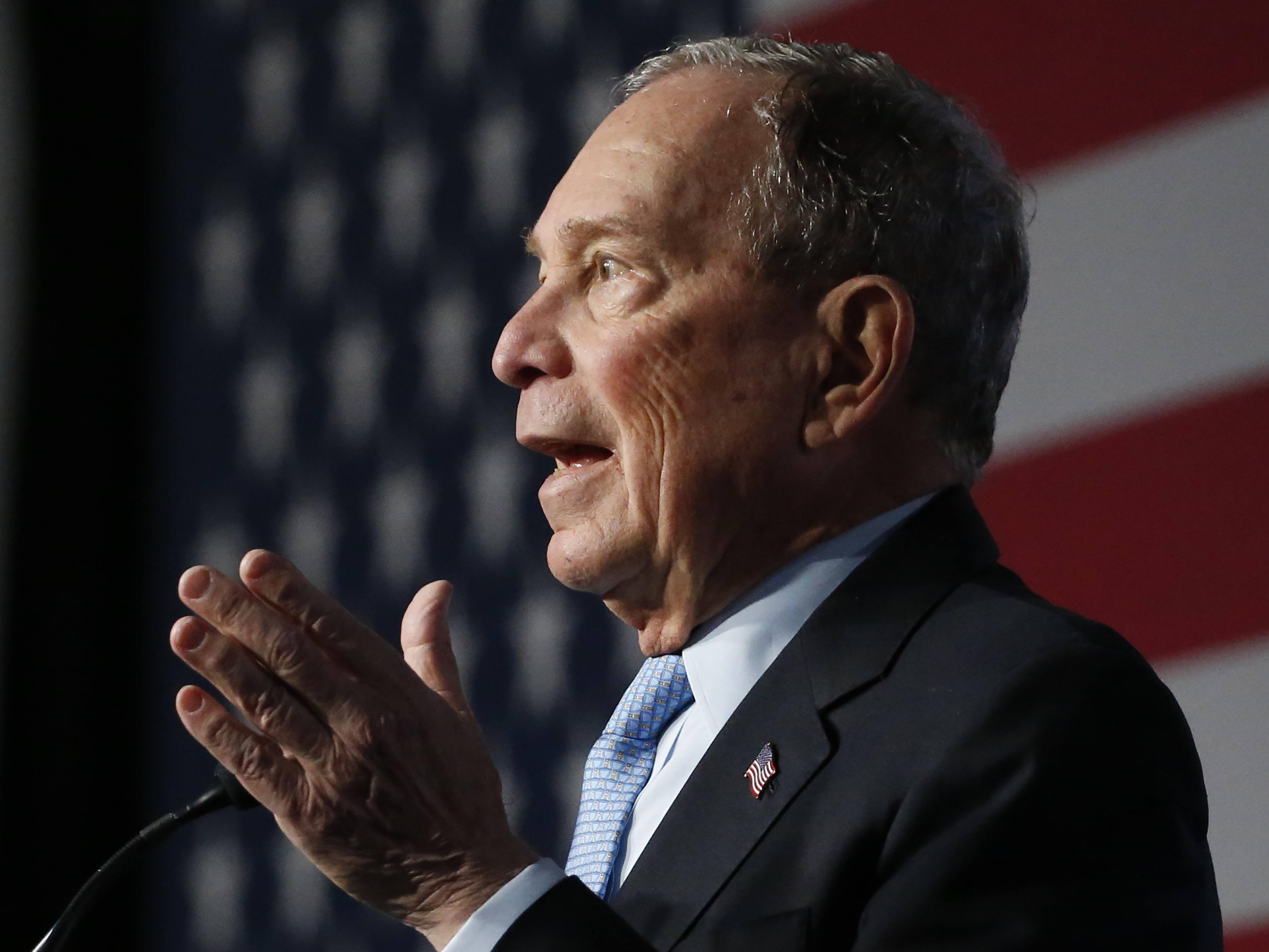 caption: Democratic presidential candidate and former New York City Mayor Mike Bloomberg speaks during a campaign event, Thursday in Salt Lake City, Utah.