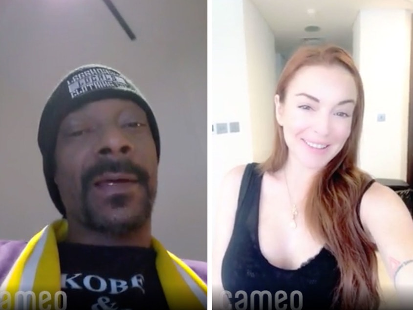 caption: Cameo enlists stars to produce short video messages that are paid for by fans. In these videos Snoop Dogg (left) wishes happy birthday to an 18 year old, Lindsay Lohan (center) offers condolences for a postponed bachelorette party, And Lance Armstrong (right) sends greeting from Nantucket.