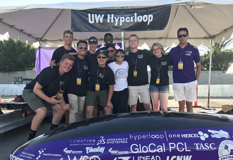 The University of Washington Hyperloop team with their pod at the SpaceX competition in California in 2017.