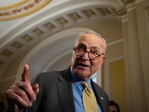 caption: Senate Majority Leader Chuck Schumer, seen here at the U.S. Capitol on May 8, unveiled a roadmap proposal about artificial intelligence on behalf of a bipartisan Senate working group.
