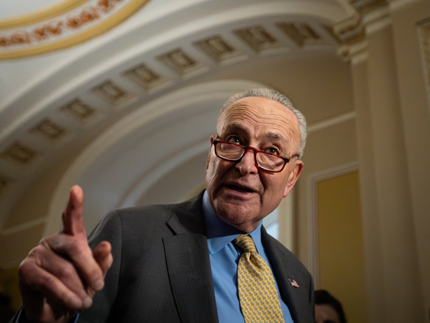caption: Senate Majority Leader Chuck Schumer, seen here at the U.S. Capitol on May 8, unveiled a roadmap proposal about artificial intelligence on behalf of a bipartisan Senate working group.