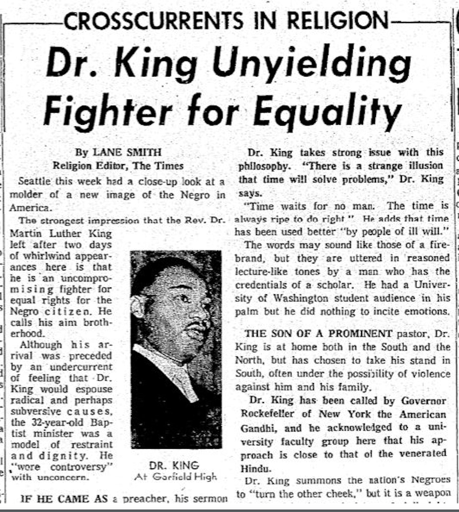 caption: Martin Luther King Jr. Seattle Times Lane Smith 1961