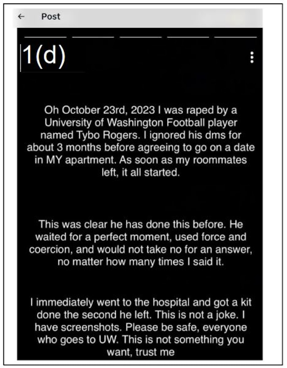 caption: This screenshot is from a Reddit thread in which one of the women who has accused Tylin Rogers of rape posted publicly about the alleged attack. The screenshot was included among records the Seattle Police Department received from UW and turned over to KUOW in response to a records request.
