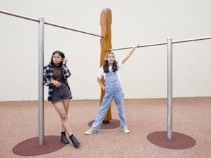 caption: Norah Weiner (L) and Erika Young (R), the grand-prize winners in grades 5-8 of NPR's Student Podcast Challenge, at Presidio Middle School in San Francisco.
