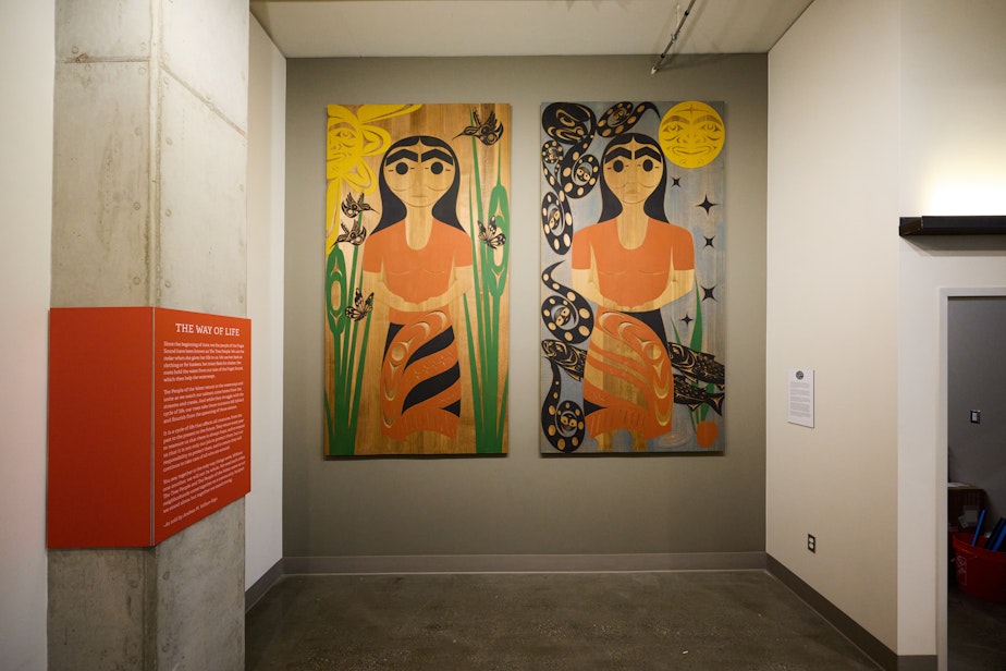 caption: PCC's previous downtown store featured this artwork by Andrea M. Wilbur-Sigo of the Squaxin Island Tribe. The carvings will be displayed at the new store's entrance.