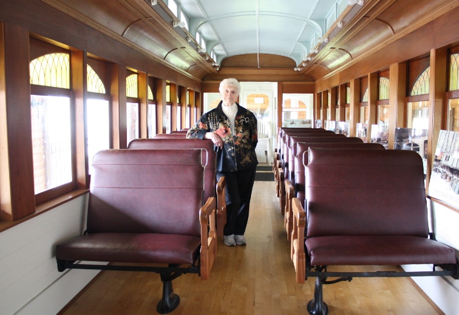 Betty Lou Gaeng aboard a restored trolley that once ran the "Interurban" route linking Seattle to suburban communities like Alderwood Manor (now Lynnwood)