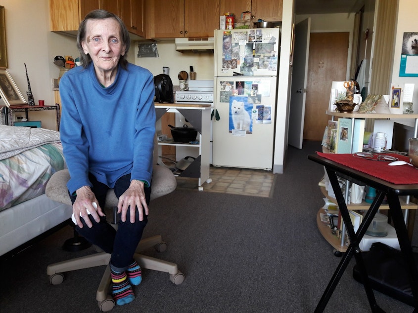 caption: Victoria Marshall is one of hundreds of seniors who live in subsidized senior housing just off Aurora. She has a view of the lake, but says she feels profoundly disconnected from civic and cultural life.