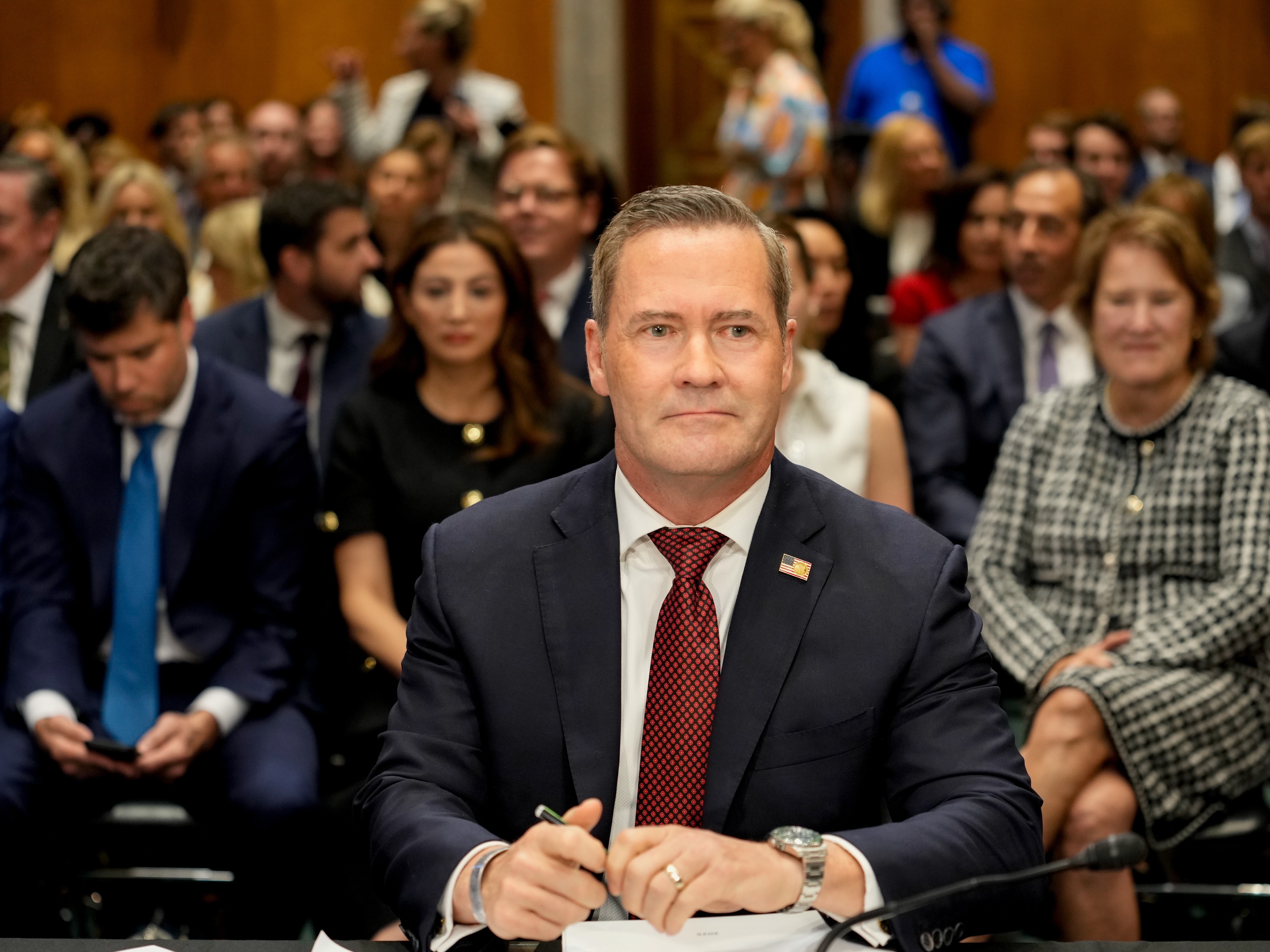 caption: Mike Waltz, former US national security adviser and US ambassador to the United Nations (UN) nominee for US President Donald Trump, during a Senate Foreign Relations Committee confirmation hearing in Washington, DC, US, on Tuesday, July 15, 2025.